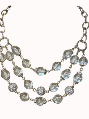 Three-Strand Clear Beaded Statement Necklace With Gold-Tone Chain & Rhinestone A
